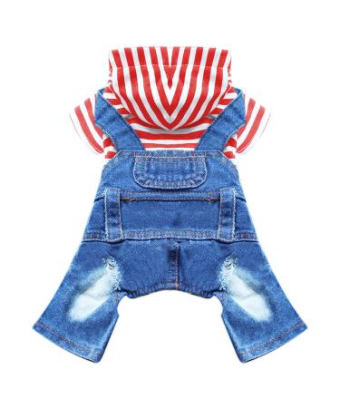 DOGGYZSTYLE Small Dog Hoodie Clothes Cute Stripe Shirts Denim Jumpsuit One-Piece Outfit for Small Medium Dogs Cats Boy Girl Chihuahua Blue Jeans Overalls Puppy Costume (Red,XL) X-Large Red - Buy Online on GoSupps.com