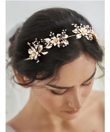 SWEETV Gold Crystal Flower-Leaf Bridal Headband | Wedding Hair Accessories for Brides - Buy Online on GoSupps.com