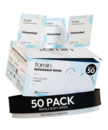 FOMIN Travel Deodorant Wipes - 50 Count - Unscented - pH Balanced Hypoallergenic Mini Deodorant Wipes For Women and Men - Plastic-Free Individually Wrapped Underarm & Body Wipes