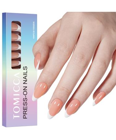Tomicca French press on nails 180 pieces of almond nail tips 3 in 1 nail tips pre-colored full cover and preformed full base coat nail tips for nail art nail extensions in 15 sizes nude almond nude
