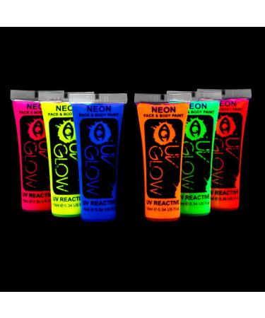 UV Glow Neon Face and Body Paint Set of 6 Tubes - Fluorescent - Brightest glow under UV!