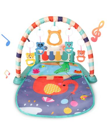 Baby Gym Play Mat - 3-6-9 Month Baby Tummy Time Mat with Mirror Music and Lights Toys, Kick and Play Piano Gym Playmat Activity Center for Infants Green