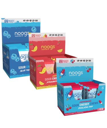 Noogs Blue Raspberry Blast + Strawberry Lemonade + Poolside Pop Sour Energy Chews Bundle - Electrolyte Energy Gummies - 36 Total Packs