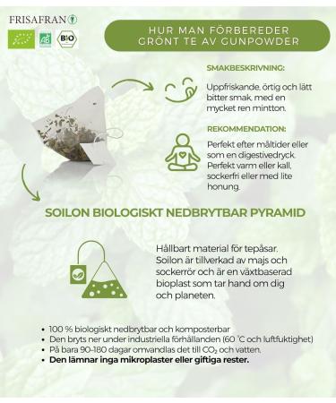  FRISAFRAN FRISAFRAN | Organic Gunpowder Mint Green Tea Pyramids 30 Units | 60g | Antioxidant | Japanese Green Tea | Digestive | Refreshing Drink | Mint Infusion | Pure | Mint Leaves | Hot/Cold - Buy Online on GoSupps.com