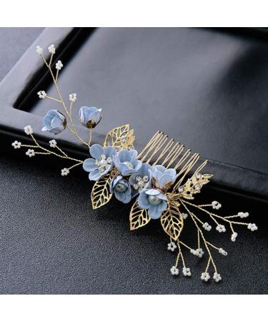 Gold Wedding Hair Combs Set - 4 Pearl & Rhinestone Bridal Accessories for Bride & Bridesmaids - Elegant Blue Hair Clips - Buy Online on GoSupps.com