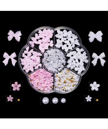 KARLOR Nail Charms Set 3D Flowers Nail Decoration Pink Bow Nail Charms Nail Art Decoration Resin Beads Acrylic Flowers Nail Gems with White Half Beads for Acrylic Nail Art Accessories(7M-145)