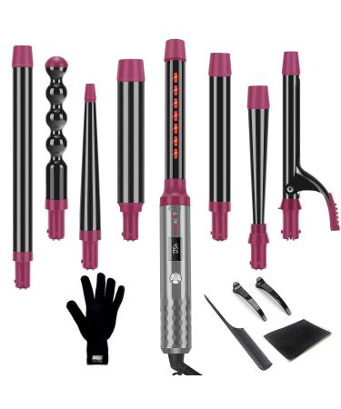 IG INGLAM Professional 8-in-1 Curling Iron Wand Set Instant Heat Up Hair Curler with 8 Interchangeable Ceramic Barrels (0.5''-1.25'') Adjustable Temperature for All Hair Types Rock Grey & Purple Premium