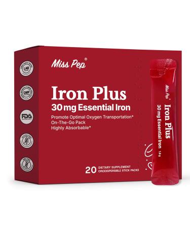 Miss Pep Iron Supplement, 30 Mg Iron Supplement for Women and Men, Promotes Red Blood Cell Production, Supports Iron Deficiency in Adults, 20 Ready-to-Drink Powder Sachets