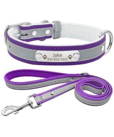 Senristar Personalized reflective dog collar and leash set custom engraved warm food dog tape with name tag for small medium large dogs & cats M (width 2.0 cm neck circumference 28-36 cm) violet set