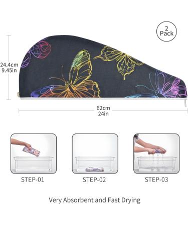 Bright Rainbow Butterflies Hair Towels 2 Pack - Super Absorbent Quick Dry Hair Turbans for Women & Girls - Buy Online on GoSupps.com