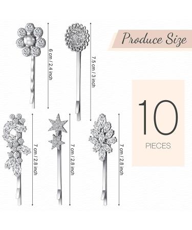 10-Piece Crystal Vintage Rhinestone Hair Pins | Silver Metal Hair Accessories for Women | Star, Flower, Leaf, Feather Design | Hair Decoration for Girls - Buy Online on GoSupps.com