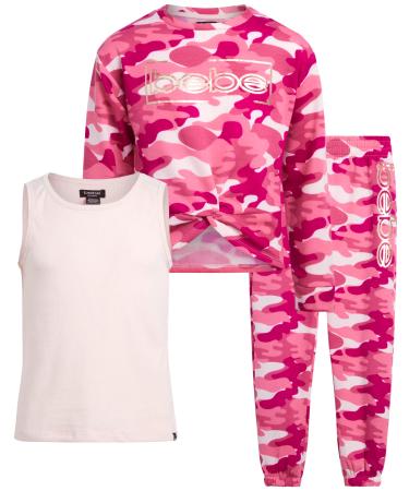 bebe Girls' Jogger Set - Active Fleece Pullover Sweatshirt, Sweatpants, and Tank Top Pink Camo 10/12