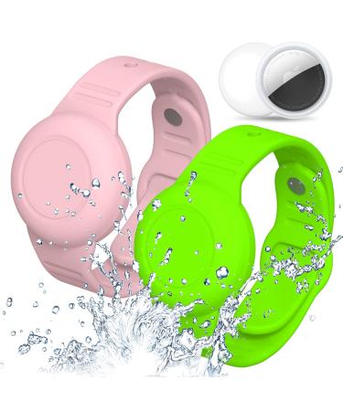 Waterproof AirTag Bracelet for Kids, Wristband for Apple Air Tag Hidden Silicon Holder for Toddler Child Elder GPS Tracking Tagging Watch Band (Pink, Green) 1