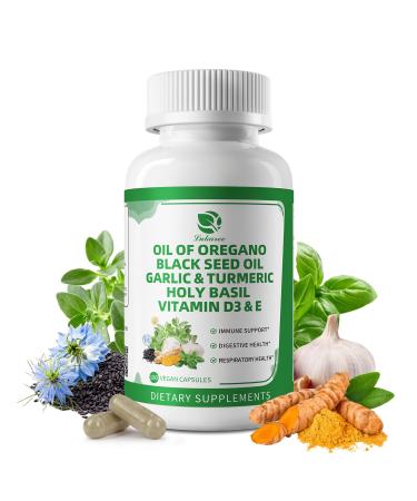 Organic Oil of Oregano Capsules with Black Seed Oil Garlic Turmeric Holy Basil Vitamin D3 E & Black Pepper for Better Absorption Immune Digestive & Respiratory Vegan Non-GMO 6 Month Supply 180 Count (Pack of 1)