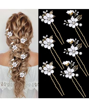 6 Pieces Bridal Flower Wedding Hair Pins Crystal Pearl Hair Pins Clips Headpiece Gold Wedding Hair Accessories Jewelry with Rhinestone for Brides Bridesmaids Women Girls Updo (Pure White Flower)