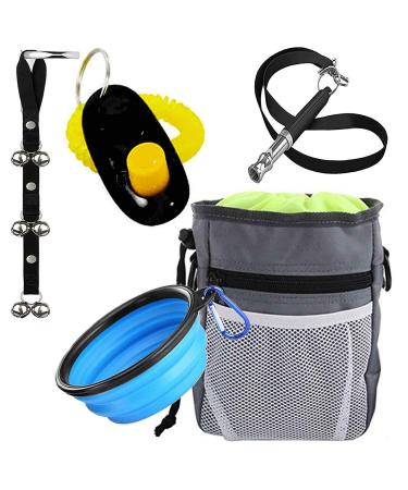 Set of 5 Puppy House Training Kit Treat Pouch Dog Clicker Pet No-Bark Whistle Dog Doorbells Collapsible Travel Pet Bowl for Potty Train A Complete Set for Housetraining New Pets Gray