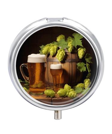 Round Pill Box Beer and Hop Cones Print 3 Compartment Medicine Pill Case Print Pill Organizer Decorative Metal Portable Pill Box Pocket Pill Box Style