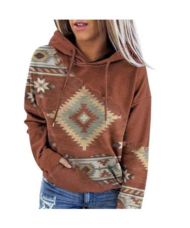 Western Shirts for Women Long Sleeve Aztec Geometric Hoodies Plus Size Vintage Graphic Sweatshirt Casual Ethnic Pullover Tops 09-coffee 3X-Large