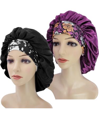 2PCS Satin Bonnets for Women,Soft Wide Elastic Band Silk Bonnet,Satin Silk Single Layer Large Satin Bonnet,Sleep Cap for Curly Hair,Satin Cap for Natural Braids Hair(Black+Purple)