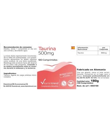 Taurine 500mg - 180 Tablets | Vegan High-Dose Supplement | 6-Month Supply | Buy Online at Vitamintrend  - Buy Online on GoSupps.com