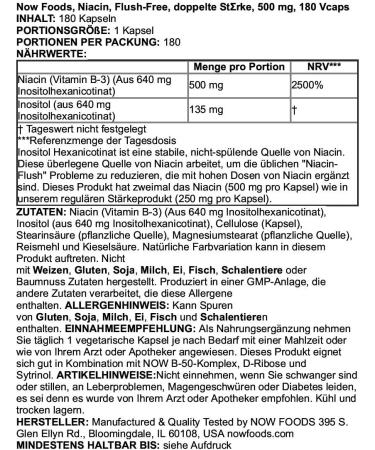 Now Foods Niacin Flush-Free 500 mg - Double Strength 180 Veg Capsules | Supports Heart Health - Buy Online on GoSupps.com