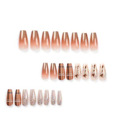 Fall Press on Coffin Nails | Medium Length Acrylic | Maple Leaves Gradient Brown Glitter | Glossy Artificial Nails for Women & Girls - Buy Online on GoSupps.com