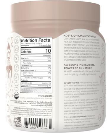 KOS Organic Lion's Mane Powder - Natural Nootropic Superfood - Vegan Functional Mushroom Plant Based USDA Certified Non-GMO Soy & Gluten-Free - 104 Servings - Buy Online on GoSupps.com
