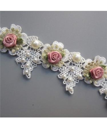 Vintage Gold Pearl Rose Flowers Lace Trim Fabric - 1 Yard Floral Appliques Ribbon for DIY Sewing Supplies and Craft Decoration - Buy Online on GoSupps.com