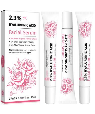 2.3% Hyaluronic Acid Serum for Face with 5% Rosa Flower Water Deep Moisturizing Anti-Wrinkle(3Pack-Each 15g)