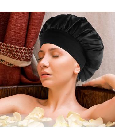 nuoshen 2 Pack Satin Bonnet with Wide Elastic Band Satin Bonnets Elastic Hat Soft Sleeping Head Cover for Night Sleep Curly Hair Protection Head Cover (Black+Pink) - Buy Online on GoSupps.com