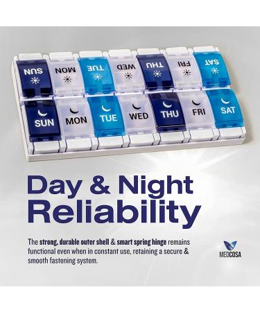 Medcosa 7-Day Pill Case | AM & PM Medicine Organizer | 2x Daily Supplement Box with 14 Compartments - Buy Online on GoSupps.com