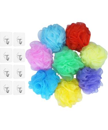 Bath Loofah Sponge Shower Pouf 8 Pack Kids Loofah Bath Pouf Mesh Bath Sponge Colorful Body Scrubber Balls Shower Mesh for Kids Girls(Including 8 Wall Hooks)