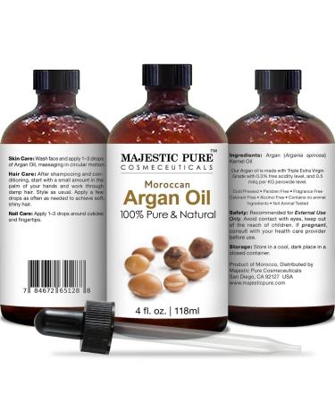 MAJESTIC PURE Moroccan Argan Oil - 100% Pure & Natural for Hair, Face, Nails, Beard & Cuticles - 4 Fl Oz - Men and Women - Buy Online on GoSupps.com