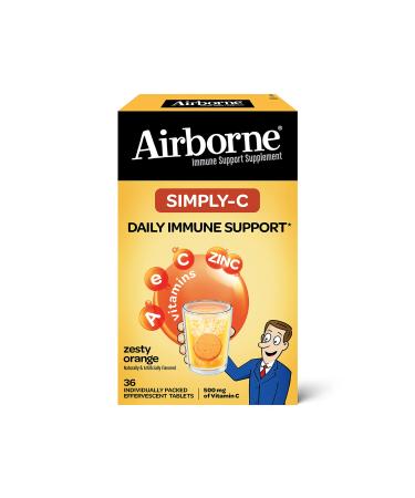 Airborne Simply C 500mg Vitamin C with Zinc Effervescent Tablets Immune Support Supplement with Powerful Antioxidant Vitamins A C & E - 36 Fizzy Drink Tablets Zesty Orange Flavor