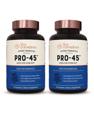 Live Conscious PRO45: Probiotic Formula 45 Billion CFU 11 Comprehensive strains. Dairy Free. Delayed Release Veggie caps. Promotes Immune and Digestive Health. 60 Capsules (2-Pack) 60 Count (Pack of 2)