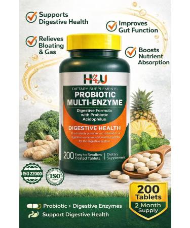 H4U Multi-Enzymes with Probiotic Acidophilus Organic Prebiotics & Probiotics for Gut and Digestive Health - Relief from Meal Time Discomfort & Bloating - Tablets Dietary Supplement - 200 Count - Buy Online on GoSupps.com