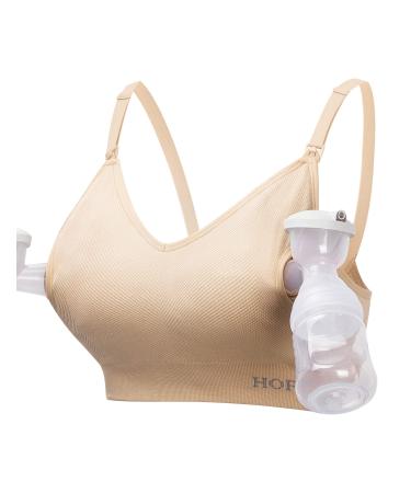 HOFISH Hands Free Pumping Bra Women Sport Bras Seamless Padded Nursing Maternity Bra for Pregnancy/Breastfeeding/Working Out S-2XL L Pumping Bra:beige X 1