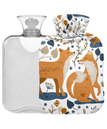 Oarencol Cute Fox Leaves Flower Hot Water Bottle with Cover 2L Transparent Hot Water Bag for Pain Relief Cramps
