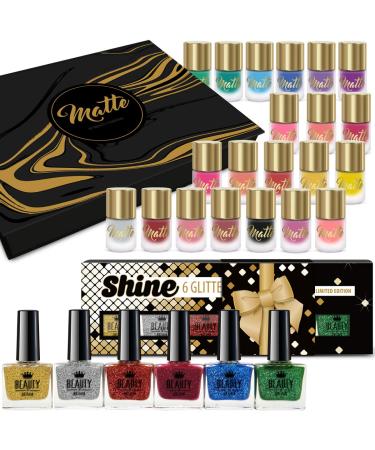 Set of 21 Matte Nail Polishes & 6 Glitter Shine Colours Display Box New