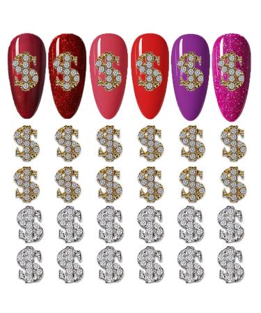 LIFOOST 30Pcs Dollar Sign Nail Charms with Rhinestones Gold and Silver 3D Nail Jewels Money Design Charms