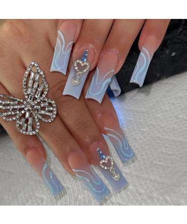 BABALAL Long Coffin Press on Nails Blue Fake Nails Matte Glue on Nails Rhinestones Heart Design Acrylic Nails Ballerina Nails for Women and Girls BBFN01
