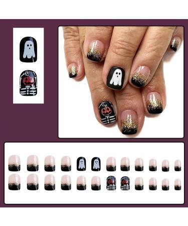 Halloween Press on Nails | Short Square Black French Fake Nails with Ghost & Pumpkin Designs | 24 Pcs Full Cover Acrylic Nails for Women & Girls - Buy Online on GoSupps.com