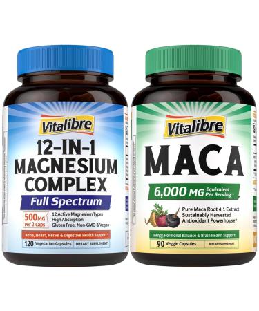 Vitalibre 12 in 1 Magnesium Complex Capsules and Maca Root Capsules Bundle Non-GMO Dietary Supplements Vegan Capsules