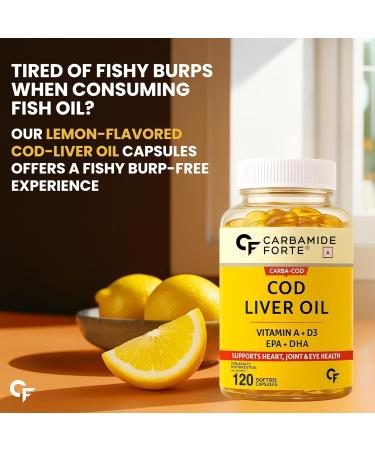 Car.bami.de Fo.rt.e Cod Liver Oil Capsules Omega 3 Supplement | 300mg | Omega3 FishOil with EPA & DHA + Vitamin D3 Supplement | No Fishy Burps with Lemon Flavour - 120 Softgels - Buy Online on GoSupps.com