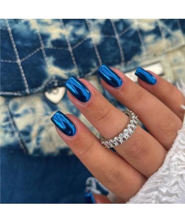 Royal Blue Chrome Square Press on Nails Short Medium KQueenest Mirror Metal Plating False Acrylic Nails Press Ons Metallic Fake Nails Natural Glue on Nails Medium Length Gloss Stick on Nails for Women