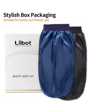 LIIBOT Long Silk-Satin Bonnet for Women - 2 PCS Large Night Cap for Curly Dreadlock Braid Hair (Black & Blue) - Buy Online on GoSupps.com