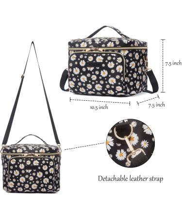 Scorila Travel Makeup Bag for Women - Large Cosmetic Organizer with Adjustable Dividers and Brush Holder - Portable Toiletry Bag for Girls - Black with White Flower Design - Buy Online on GoSupps.com
