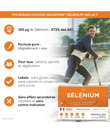 Granions Selenium 150 g - 30 ampoules 30 days - Immunity - Antioxidant - Hair & Nails - 150 g Selenium - Made in France - Buy Online on GoSupps.com
