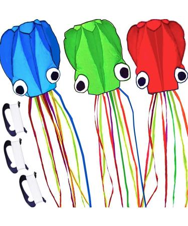 3 Pack Octopus Kite Set - Easy Flyer Beach Kites for Kids & Adults - Blue/Green/Red - 100M Kite String Included - Buy Online on GoSupps.com
