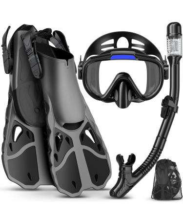 Vengreedo Snorkel Set with Fins for Adults, Mask Fins Snorkel Gear for Men and Women, Dry Top Snorkel Mask Snorkel Fins Combo Set with Travel Bag for Snorkeling, Diving, Swimming S/M Black